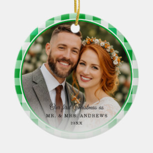 Our First Christmas-Mr. & Mrs. Photo Green Gingham Ceramic Tree Decoration