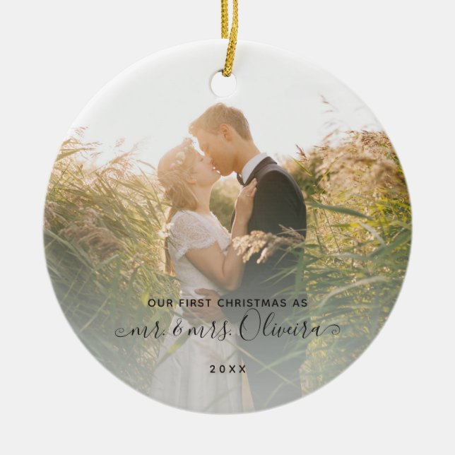 Our First Christmas Mr Mrs Photo Married Couple Ceramic Tree Decoration (Front)