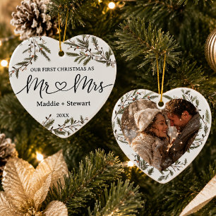 Our First Christmas Mr & Mrs Photo Newlywed Heart Ceramic Tree Decoration