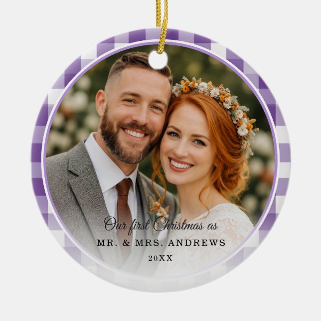 Our First Christmas-Mr. & Mrs. Photo Purpl Gingham Ceramic Tree Decoration (Front)