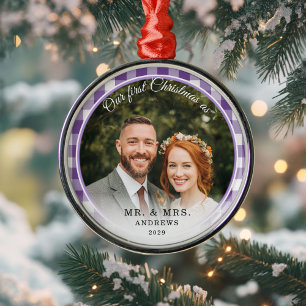 Our First Christmas-Mr.&Mrs. Photo Purple Gingham Metal Tree Decoration