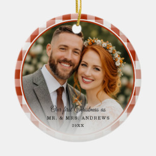 Our First Christmas-Mr. & Mrs. Photo  Red  Gingham Ceramic Tree Decoration