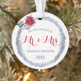 Our First Christmas Mr. & Mrs Silver Poinsettia  Ornament