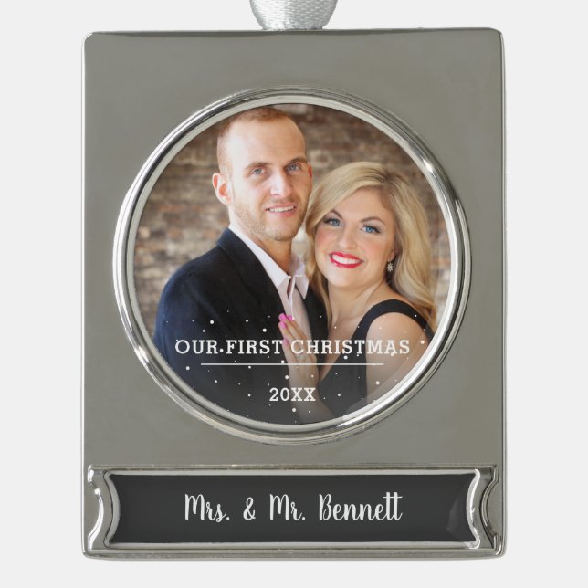 Our First Christmas Mrs & Mr First Married Photo Silver Plated Banner Ornament (Front)