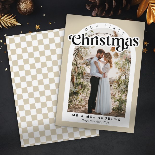 Our First Christmas Newlywed Photo Arc Chequered Holiday Card (Creator Uploaded)