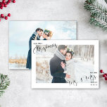 Our First Christmas Newlywed Photo  Holiday Card<br><div class="desc">This beautiful, modern Our First Christmas Newlywed Photo Holiday Christmas Card features your horizontal wedding photo behind a white border, with the word 'Christmas' and 'Mr. & Mrs.' in a modern hand lettered script typography. Allows for your new married name, as well as wedding date. The text is black and...</div>