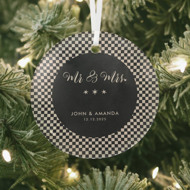 Our First Christmas Newlywed Retro Mr and Mrs Glass Tree Decoration (Insitu)