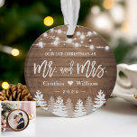 Our First Christmas Newlywed Rustic Wood Pine Tree Ornament<br><div class="desc">***** Don't forget to upload your favourite photo on the back. If you don't need the photo placement, you can remove it using design tool ***** Celebrate your First Christmas Married with this Rustic Wood Look String Lights Pine Tree Photo Ornament. Adding a favourite photo and text to this rustic...</div>