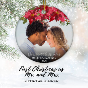 Our First Christmas Newlyweds 2 Photo Floral Ceramic Tree Decoration