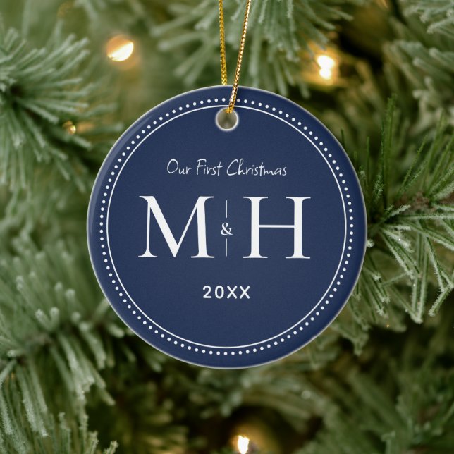 Our First Christmas Newlyweds Monogram Navy Blue Ceramic Tree Decoration (Tree)