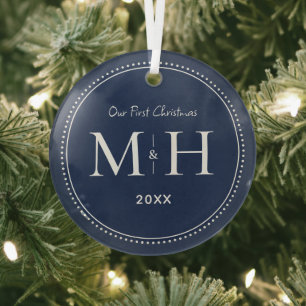 Our First Christmas Newlyweds Monogram Navy Blue Glass Tree Decoration