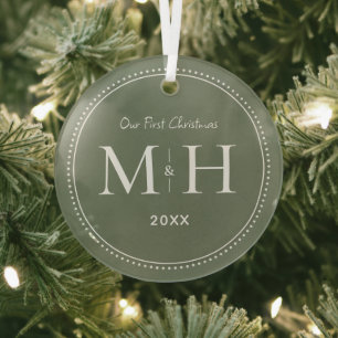 Our First Christmas Newlyweds Monogram Sage Green Glass Tree Decoration