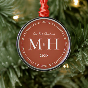Our First Christmas Newlyweds Monogram Terracotta Metal Tree Decoration