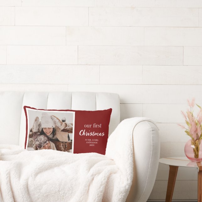 Our First Christmas Newlyweds Photo Script Red Lumbar Cushion (Couch)