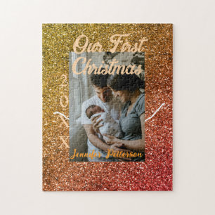 Our first Christmas orange red glitter photo year Jigsaw Puzzle
