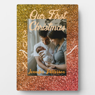 Our first Christmas orange red glitter photo year Plaque