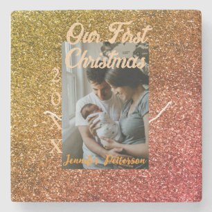 Our first Christmas orange red glitter photo year Stone Coaster
