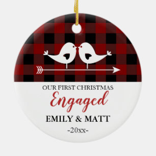 Our first Christmas ornament, love birds red plaid Ceramic Tree Decoration