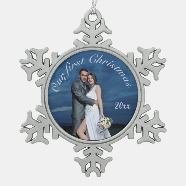 Our First Christmas Personalized Photo Snowflake Pewter Christmas Ornament (Front)