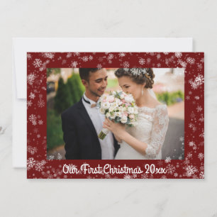 Our First Christmas Photo Date Typography Snow Red Holiday Card