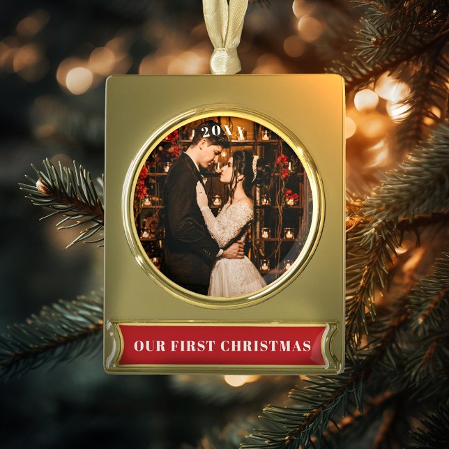 Our First Christmas Photo Gold Plated Banner Ornament (Creator Uploaded)