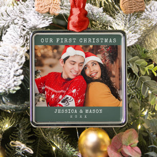 Our First Christmas Photo Green Typewriter Font Metal Tree Decoration