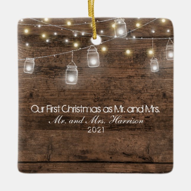 Our First Christmas Photo Mason Jars String Lights Ceramic Ornament (Front)