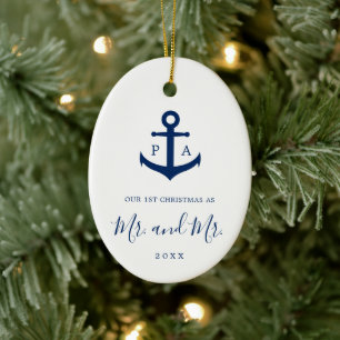 Our First Christmas Photo Nautical Monogram Gay Ceramic Tree Decoration