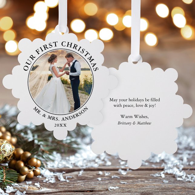 Our First Christmas Photo Ornament Card (A greeting card that is also an ornament! Customize with your photo and personalized text.)