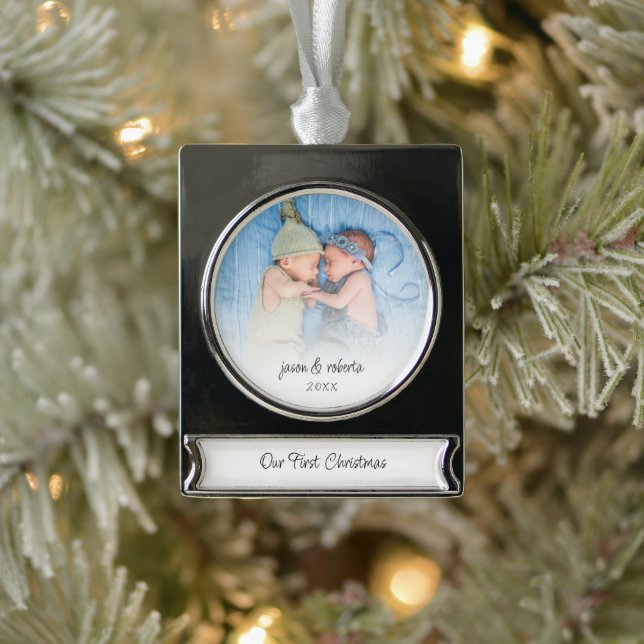Our First Christmas Photo Overlay Twins Names Year Silver Plated Banner Ornament (Tree)