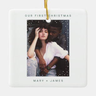 Our first Christmas Photo sage green modern marble Ceramic Ornament
