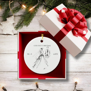 Our First Christmas Photo Wedding Dress Suit Cute Ceramic Tree Decoration
