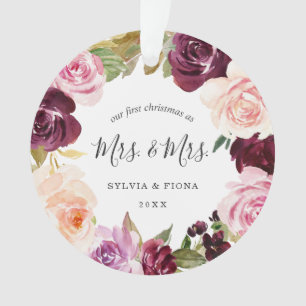Our First Christmas Plum Floral Photo Lesbian Ornament