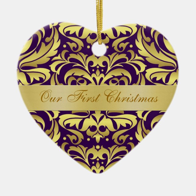 Our First Christmas Purple Gold Damask Ornament (Front)