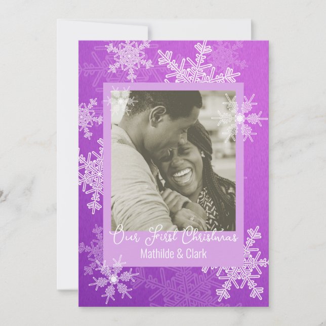 Our First Christmas Purple Snowflakes Minimalist  Holiday Card (Front)
