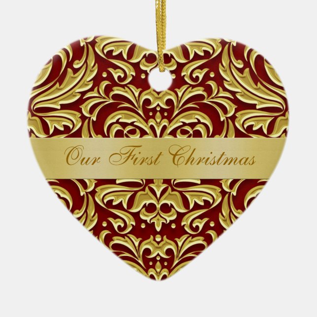 Our First Christmas Red Gold Damask Ornament (Front)