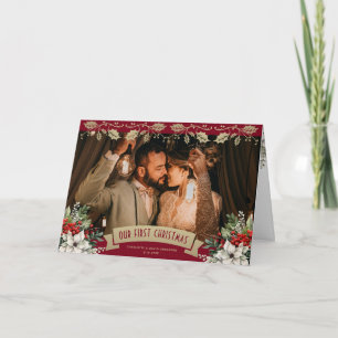 Our First Christmas Red Newlywed Photo Holiday Card