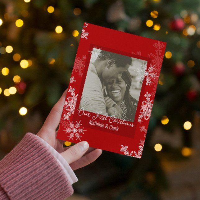 Our First Christmas Red Snowflakes Minimalist  Holiday Card (Creator Uploaded)