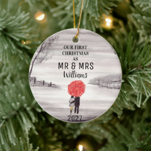 Our First Christmas Red umbrella love couple Ceramic Tree Decoration