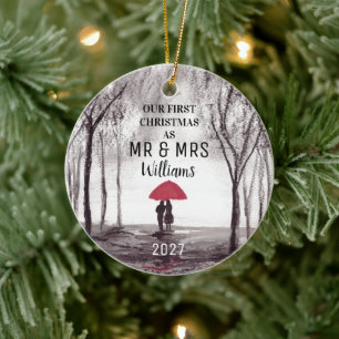 Our First Christmas Red umbrella love couple Ceramic Tree Decoration