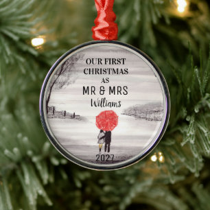 Our First Christmas Red umbrella love couple Metal Tree Decoration