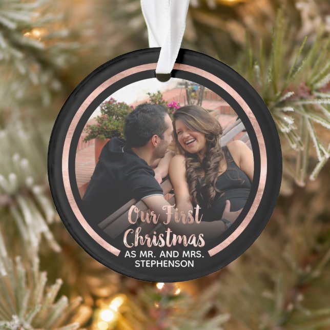 Our First Christmas Rose Gold Script Photo Ornament (Tree)