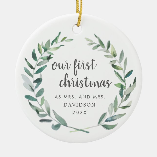 Our First Christmas Rustic Lesbian Newlywed Photo Ceramic Tree Decoration (Front)