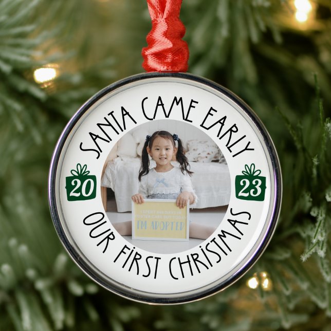 Our First Christmas "Santa Came Early" Adoption Metal Tree Decoration ("santa came early" adoption ornament our first christmas with custom year baby keepsake gift)