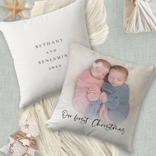 Our First Christmas Script Baby Twins Photo  Cushion