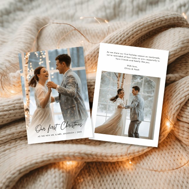 Our First Christmas Script Winter Wedding Photo Holiday Card (Creator Uploaded)