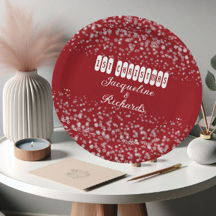 Our First Christmas Snowflakes Red Elegant Custom Paper Plate