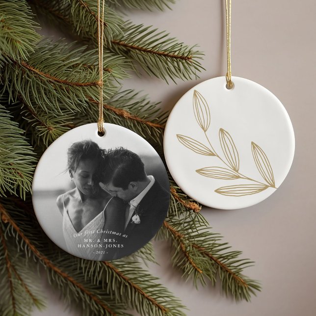 Our First Christmas Sprout Photo Ceramic Tree Decoration (Our first Christmas couples photo ornament featuring a hand-drawn botanical sprout.)