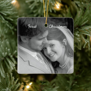Our First Christmas Teal Damask Photo Ornament