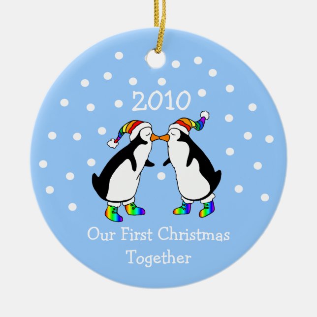 Our First Christmas Together 2010 (GLBT Penguins) Ceramic Tree Decoration (Front)